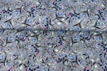 Baumwoll Jersey Blüten und Blätter auf Blaugrau